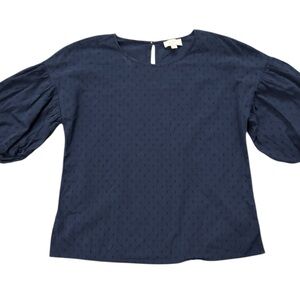 LOFT Outlet Navy Puff Sleeve Top — XS Swiss Dot Textured Cotton Blouse